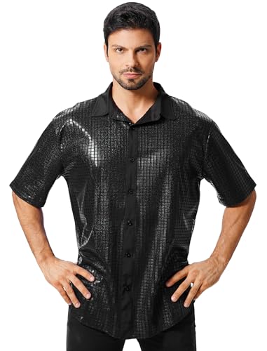 ABEHIK Herren Disco Hemd mit Pailletten 70er Kurzarm Party Kost�m f�r M�nner Rave Shirt Mottoparty Karneval schwarz M von ABEHIK