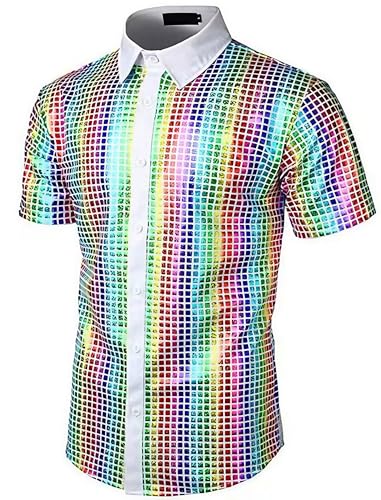 ABEHIK Herren Disco Hemd mit Pailletten 70er Kurzarm Party Kost�m f�r M�nner Rave Shirt Mottoparty Karneval wei� XL von ABEHIK