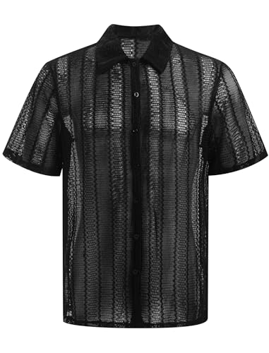 ABEHIK Herren Durchsichtiges Oberteil Netz Poloshirt Elegant Stand Shirts Kinky Outfit f�r M�nner Swingerclub Hemd Rave Shirt Nachts Clubwear schwarz XXL von ABEHIK