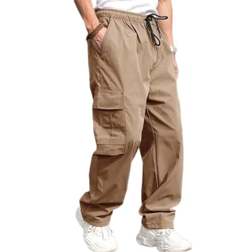 ABEHIK Herren Freizeithose mit Mehreren Taschen Baggy Hosen mit geradem Bein Cargoghosen Sport Trauningshose Khaki S von ABEHIK