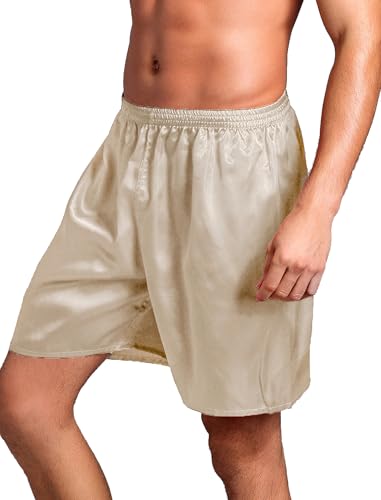 ABEHIK Herren Pyjama Shorts Satin Schlafhose Kurz Einfarbig Lockere Nachtw�sche Haushose Weich L�ssige Sleepwear champagne L von ABEHIK