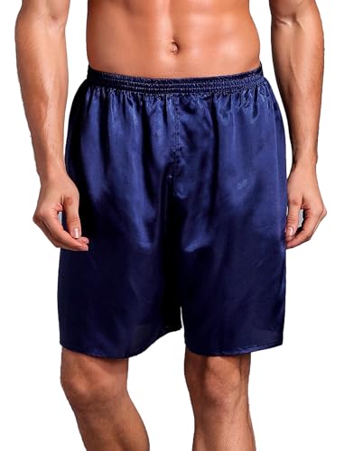 ABEHIK Herren Pyjama Shorts Satin Schlafhose Kurz Einfarbig Lockere Nachtw�sche Haushose Weich L�ssige Sleepwear dunkelblau XXL von ABEHIK