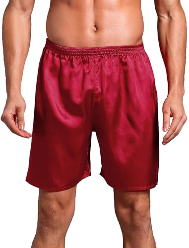 ABEHIK Herren Pyjama Shorts Satin Schlafhose Kurz Einfarbig Lockere Nachtw�sche Haushose Weich L�ssige Sleepwear dunkelrot XXL von ABEHIK