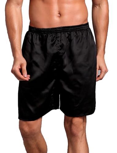 ABEHIK Herren Pyjama Shorts Satin Schlafhose Kurz Einfarbig Lockere Nachtw�sche Haushose Weich L�ssige Sleepwear schwarz L von ABEHIK