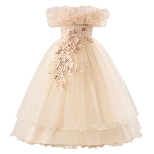 ABEHIK Kinder Mädchen Blumenmädchenkleider Besticktes Hochzeit Brautjungfernkleider Trägerloses Prinzessinnen Kleider Klavier Kostüme Champagne 12Y von ABEHIK
