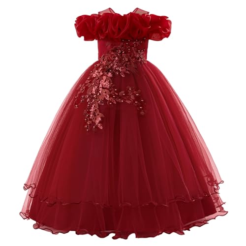 ABEHIK Kinder Mädchen Blumenmädchenkleider Besticktes Hochzeit Brautjungfernkleider Trägerloses Prinzessinnen Kleider Klavier Kostüme rot 7Y von ABEHIK
