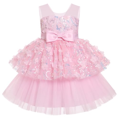 ABEHIK M�dchen Sommer T�t� Kleid Festliches Pailletten Meshkleid Prinzessin Hochzeit Partykleid Blumenm�dchenkleider Ballkleid rosa 3-4Y von ABEHIK