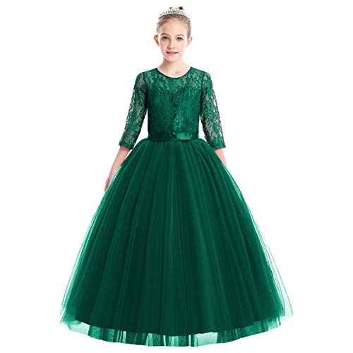ABEHIK Mädchen Blumenmädchen Hochzeit Spitze Tütükleid Prinzessinkleid Sieben-Viertel-Ärmel Florale Abendkleid für Kinder Festliches Tüll Partykleid Maxikleid grün 160 von ABEHIK