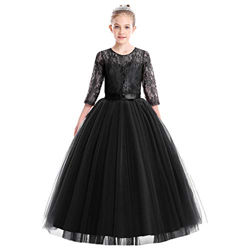 ABEHIK Mädchen Blumenmädchen Hochzeit Spitze Tütükleid Prinzessinkleid Sieben-Viertel-Ärmel Florale Abendkleid für Kinder Festliches Tüll Partykleid Maxikleid schwarz 170 von ABEHIK