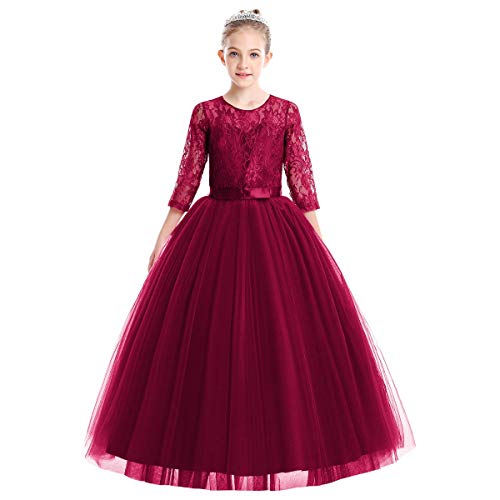 ABEHIK Mädchen Blumenmädchen Hochzeit Spitze Tütükleid Prinzessinkleid Sieben-Viertel-Ärmel Florale Abendkleid für Kinder Festliches Tüll Partykleid Maxikleid weinrot 150 von ABEHIK