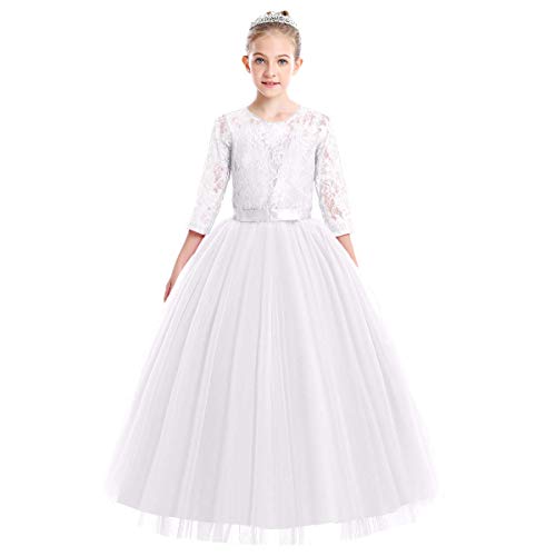 ABEHIK Mädchen Blumenmädchen Hochzeit Spitze Tütükleid Prinzessinkleid Sieben-Viertel-Ärmel Florale Abendkleid für Kinder Festliches Tüll Partykleid Maxikleid weiß 140 von ABEHIK