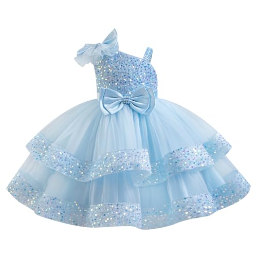 ABEHIK Mädchen Pailletten Meshkleid Sommer Tütü Partykleid Blumenmädchenkleider Ballkleid Festliches Prinzessin Hochzeit Kleid blau 100cm von ABEHIK