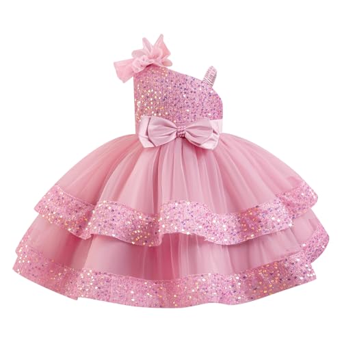 ABEHIK Mädchen Pailletten Meshkleid Sommer Tütü Partykleid Blumenmädchenkleider Ballkleid Festliches Prinzessin Hochzeit Kleid bohnenrosa 90cm von ABEHIK
