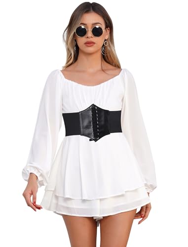 ABEHIK Piratenkost�m mit Taillenband f�r Damen Mittelalter Bluse Jumpsuits Gothic Off Shoulder Kleidung Langarm Renaissance Romper Schulterfreies Steampunk Festliches Kleid schwarz mit wei� L von ABEHIK