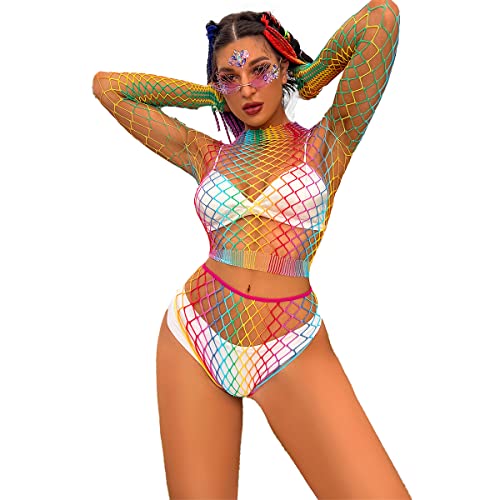 ABEHIK Regenbogen Bodysuit Dessous f�r Damen Sexy Rave Musikfestival Outfit Bunte Clubwear Nachtw�sche Reizw�sche Netzoberteil Bikini Cover Up bunt Langarm Top+ Shorts Einheitsgr��e von ABEHIK