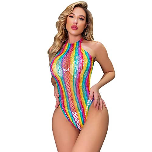 ABEHIK Regenbogen Bodysuit Dessous f�r Damen Sexy Rave Musikfestival Outfit Bunte Clubwear Nachtw�sche Reizw�sche Netzoberteil Bikini Cover Up bunt Neckholder Einheitsgr��e von ABEHIK