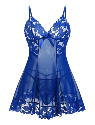 ABEHIK Sexy Spitze Unterw�sche f�r Damen Nachtw�sche Kleid mit Unterhose Negligee Babydoll Set Durchsichtige Dessous blau XXL von ABEHIK