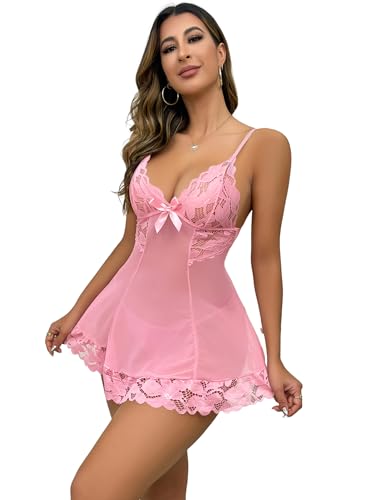 ABEHIK Sexy Spitze Unterw�sche f�r Damen Nachtw�sche Kleid mit Unterhose Negligee Babydoll Set Durchsichtige Dessous rosa M von ABEHIK