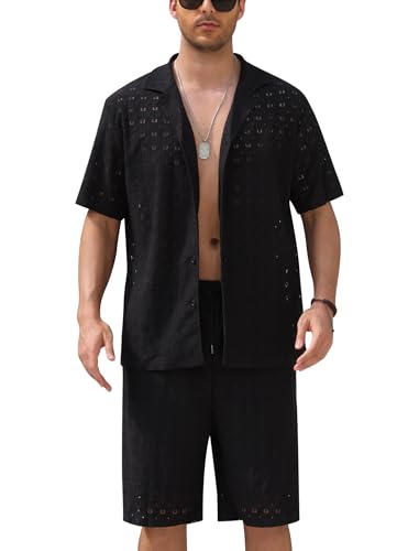 ABEHIK Sommer Outfit Herren 2 Teiler Jogginganzug Kurze �rmel Trainingsanzug f�r M�nner Freizeitshorts aus Baumwolle Ausgeschnittenes Set schwarz XL von ABEHIK