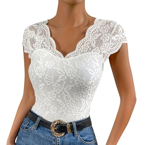 ABEHIK Weiß Spitzentop Damen Kapuzenärmel Skims Top Party Tops mit Spitzensaum Elegant Sommer Tanktops Frauen weiß-V Ausschnitt L von ABEHIK