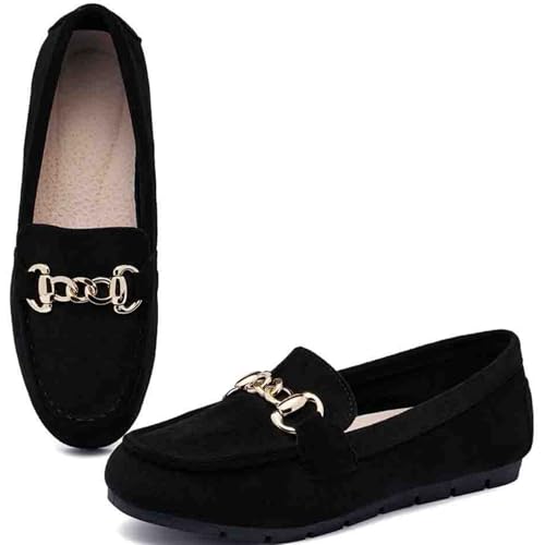 ABEJOJO Damen Loafer Schuhe, Bequeme Slip auf Casual Flat Mocassin Penny Schuhe zum Wandern, Fahren, Dressy (Black Suede 12) von ABEJOJO