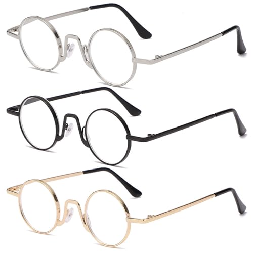 ABETOS 3 Pack Lesebrille Herren Damen Runde Klein Retro Metall Lesebrillen mit Blaulichtfilter Flexibel Scharniere Leicht Computer Lesehilfe Brille mit Stärke, Schwarz&Gold&Silber +1.5 von ABETOS