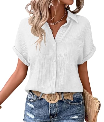 ABETOS Damen Bluse Sommer Hemdbluse Kurzarm Lässige Baumwolle Hemd Leinen V-Ausschnitt Tops Oberteile mit Knöpfen und Tasche, Weiß XL von ABETOS