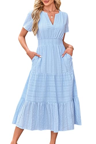 ABETOS Damen Maxikleid Sommer Lange Boho V-Ausschnitt Baumwolle Kurzarm Taschen Gummizug Taille Rüschen Einfarbig Elegant Strandkleid, Blau 2XL von ABETOS