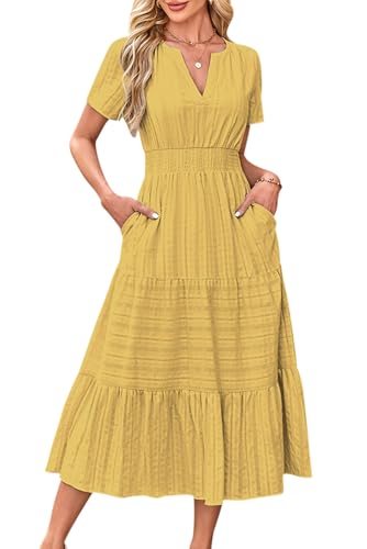 ABETOS Damen Maxikleid Sommer Lange Boho V-Ausschnitt Baumwolle Kurzarm Taschen Gummizug Taille Rüschen Einfarbig Elegant Strandkleid, Gelb 2XL von ABETOS