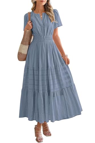 ABETOS Damen Maxikleid Sommer Lange Boho V-Ausschnitt Baumwolle Kurzarm Taschen Gummizug Taille Rüschen Einfarbig Elegant Strandkleid, Graublau M von ABETOS