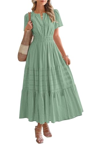 ABETOS Damen Maxikleid Sommer Lange Boho V-Ausschnitt Baumwolle Kurzarm Taschen Gummizug Taille Rüschen Einfarbig Elegant Strandkleid, Hellgrün 2XL von ABETOS