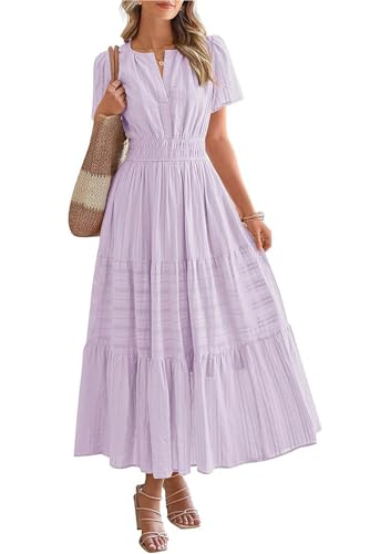 ABETOS Damen Maxikleid Sommer Lange Boho V-Ausschnitt Baumwolle Kurzarm Taschen Gummizug Taille Rüschen Einfarbig Elegant Strandkleid, Helllila M von ABETOS