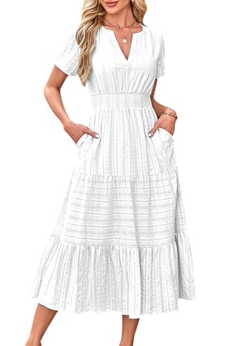 ABETOS Damen Maxikleid Sommer Lange Boho V-Ausschnitt Baumwolle Kurzarm Taschen Gummizug Taille Rüschen Einfarbig Elegant Strandkleid, Weiß L von ABETOS