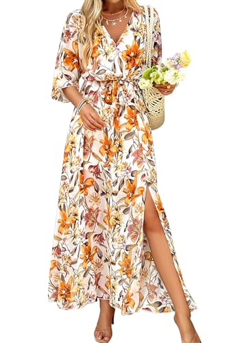 ABETOS Damen Sommerkleid Lang Boho Blumenkleid V-Ausschnitt Schlitz 3/4 Ärmel Gefüttert Hohe Taille Wickelkleid mit Gürtel Elegant Fließend Strand Urlaub Maxikleider, Gelb XL von ABETOS
