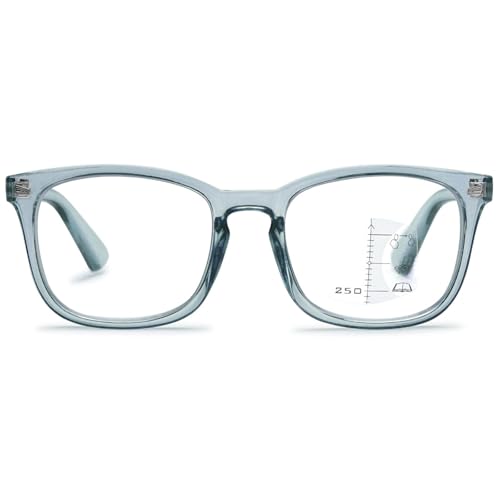 ABETOS Gleitsicht Lesebrille Multifokus Progressive Lesehilfe Sehhilfe Blaulichtfilter Damen Herren Retro Mode Multifocus Brille mit Sehstärke, Blau&Grau+2.5 von ABETOS