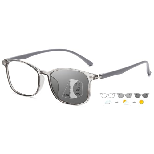 ABETOS Gleitsichtbrille Multifocus Lesebrille Selbsttönende Photochrome Herren Damen Blaulichtfilter Sonnenbrille Sehhilfe Lesehilfe mit Sonnenschutz, Grau+2.5 von ABETOS