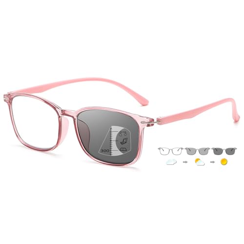 ABETOS Gleitsichtbrille Multifocus Lesebrille Selbsttönende Photochrome Herren Damen Blaulichtfilter Sonnenbrille Sehhilfe Lesehilfe mit Sonnenschutz, Rosa+2.0 von ABETOS