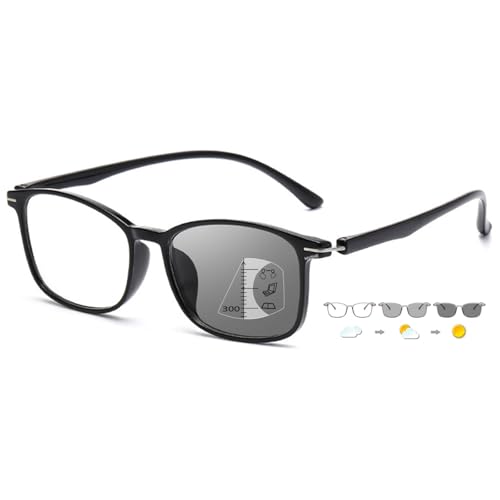 ABETOS Gleitsichtbrille Multifocus Lesebrille Selbsttönende Photochrome Herren Damen Blaulichtfilter Sonnenbrille Sehhilfe Lesehilfe mit Sonnenschutz, Schwarz+2.5 von ABETOS