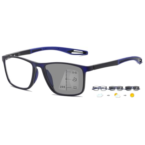 ABETOS Gleitsichtbrille Multifokale Lesebrille Photochrome Blaulichtfilter TR90 Rahmen Sportliche Herren Damen Multifokus Lesehilfe mit Sonnenbrille, Blau+1.5 von ABETOS
