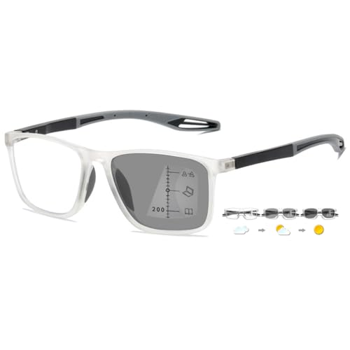 ABETOS Gleitsichtbrille Multifokale Lesebrille Photochrome Blaulichtfilter TR90 Rahmen Sportliche Herren Damen Multifokus Lesehilfe mit Sonnenbrille, Durchsichtig und Grau+3.0 von ABETOS