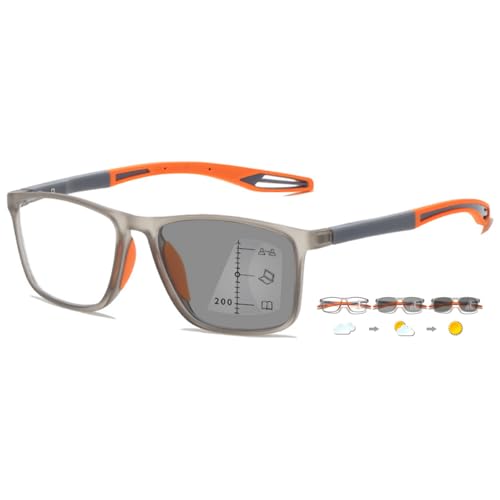 ABETOS Gleitsichtbrille Multifokale Lesebrille Photochrome Blaulichtfilter TR90 Rahmen Sportliche Herren Damen Multifokus Lesehilfe mit Sonnenbrille, Grau und Orange+2.0 von ABETOS