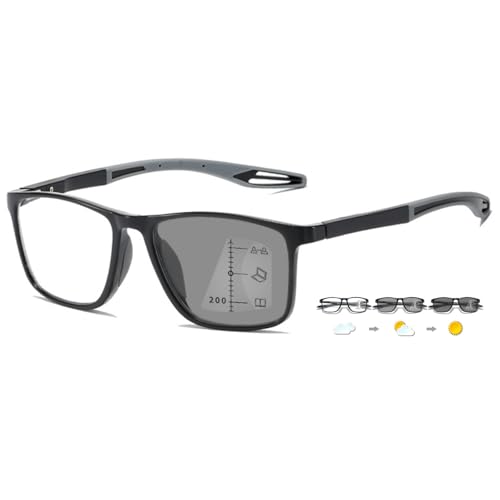 ABETOS Gleitsichtbrille Multifokale Lesebrille Photochrome Blaulichtfilter TR90 Rahmen Sportliche Herren Damen Multifokus Lesehilfe mit Sonnenbrille, Schwarz und Grau+3.0 von ABETOS