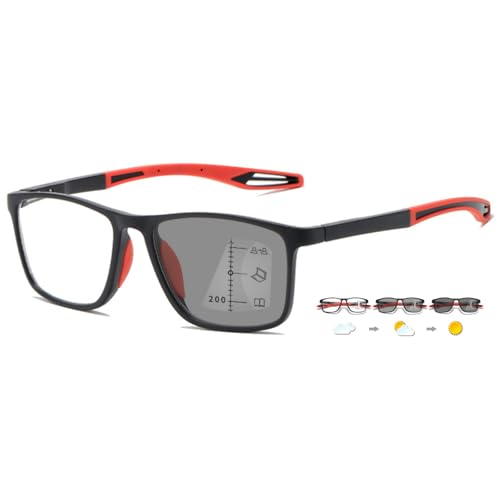ABETOS Gleitsichtbrille Multifokale Lesebrille Photochrome Blaulichtfilter TR90 Rahmen Sportliche Herren Damen Multifokus Lesehilfe mit Sonnenbrille, Schwarz und Rot+1.5 von ABETOS