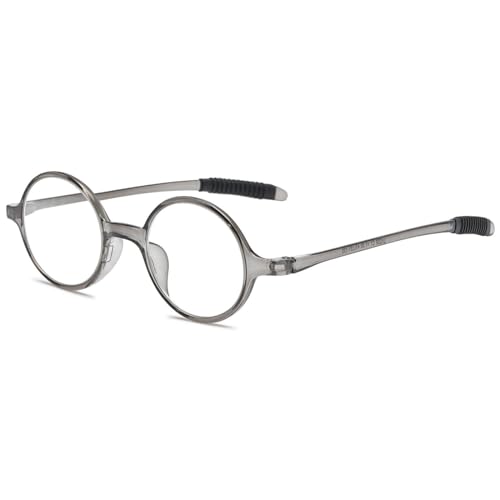 ABETOS Lesebrille Rund Klein Herren Damen Retro Lesebrillen TR90 Flexibel Leicht Vollrandbrille Mini Vintage Computer Sehhilfe Lesehilfe (Transparentes Grau+1.5) von ABETOS