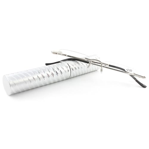 ABETOS Lesebrille Randlos Schmal Metall Lesehilfe mit Etui Herren Damen Federscharnier Modern Silber Ultraleichte Rahmenlose Mini Brille mit Stärke+2.0 von ABETOS