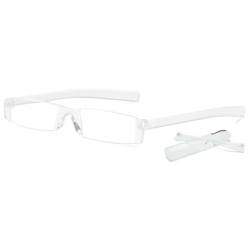 ABETOS Mini Lesebrille Kunststoff Damen Herren Rahmenlose Kompakt Ultraleichte Lesebrillen Rechteckig Reise Lesehilfe mit Etui,Weiß+3.0 von ABETOS