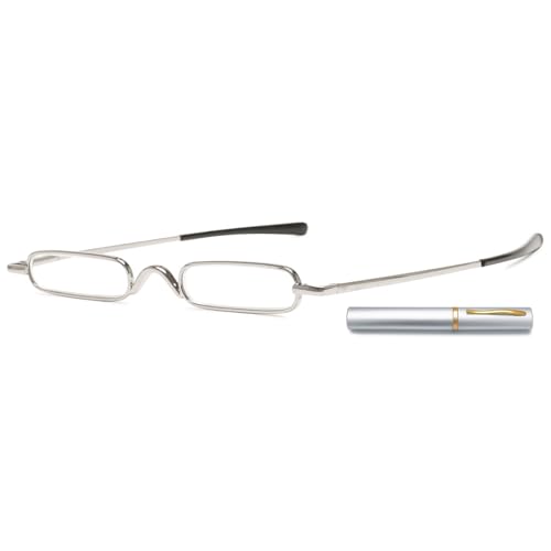 ABETOS Mini Lesebrille Schmale Metal Lesehilfe Sehhilfe Federscharnier Damen Herren Klassische Leicht Kleine Lesebrillen in Mini-Etui für Unterwegs (Silber, 1.5) von ABETOS