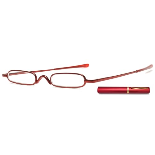 ABETOS Mini Lesebrille Schmale Metal Lesehilfe Sehhilfe Federscharnier Damen Herren Klassische Leicht Kleine Lesebrillen in Mini-Etui für Unterwegs (Rot, 2.5) von ABETOS