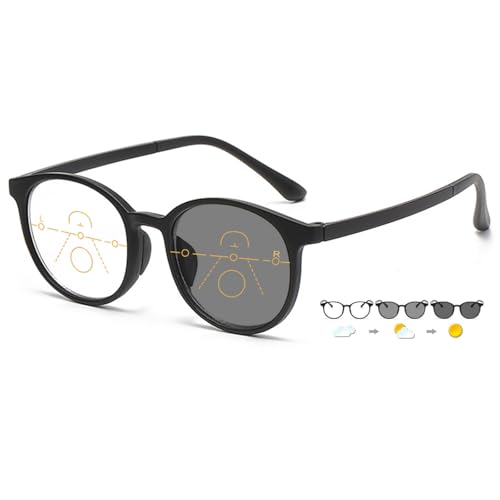 ABETOS Multifokale Lesebrille Gleitsichtbrille Selbsttönende Damen Herren Rund Lesehilfe Sehhilfe Blaulichtfilter Multifokus Sonnenbrille Brille mit Sehstärke, Schwarz+2.5 von ABETOS