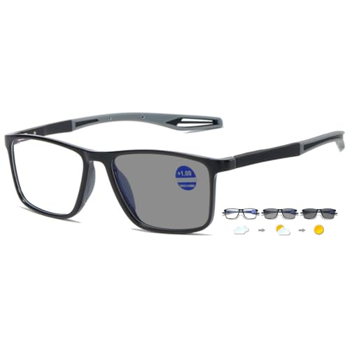 ABETOS Selbsttönende Lesebrille Sonnenbrille Photochrome Blaulichtfilter Lesehilfe Sehhilfe Herren Damen TR90 Rahmen Sportliche Sport Lesebrillen, Schwarz&Grau+1.0 von ABETOS